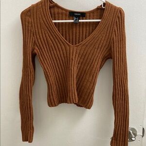 Brown Ribbed V-Neck Sweater